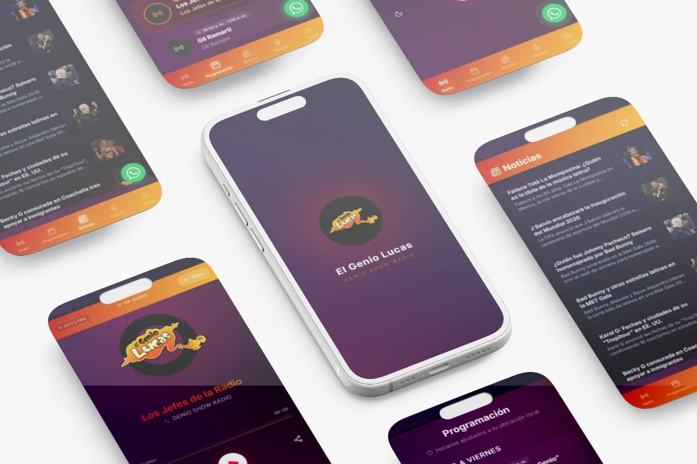 App web premium de streaming en vivo Genio Show Radio — diseño y desarrollo Asto Studio